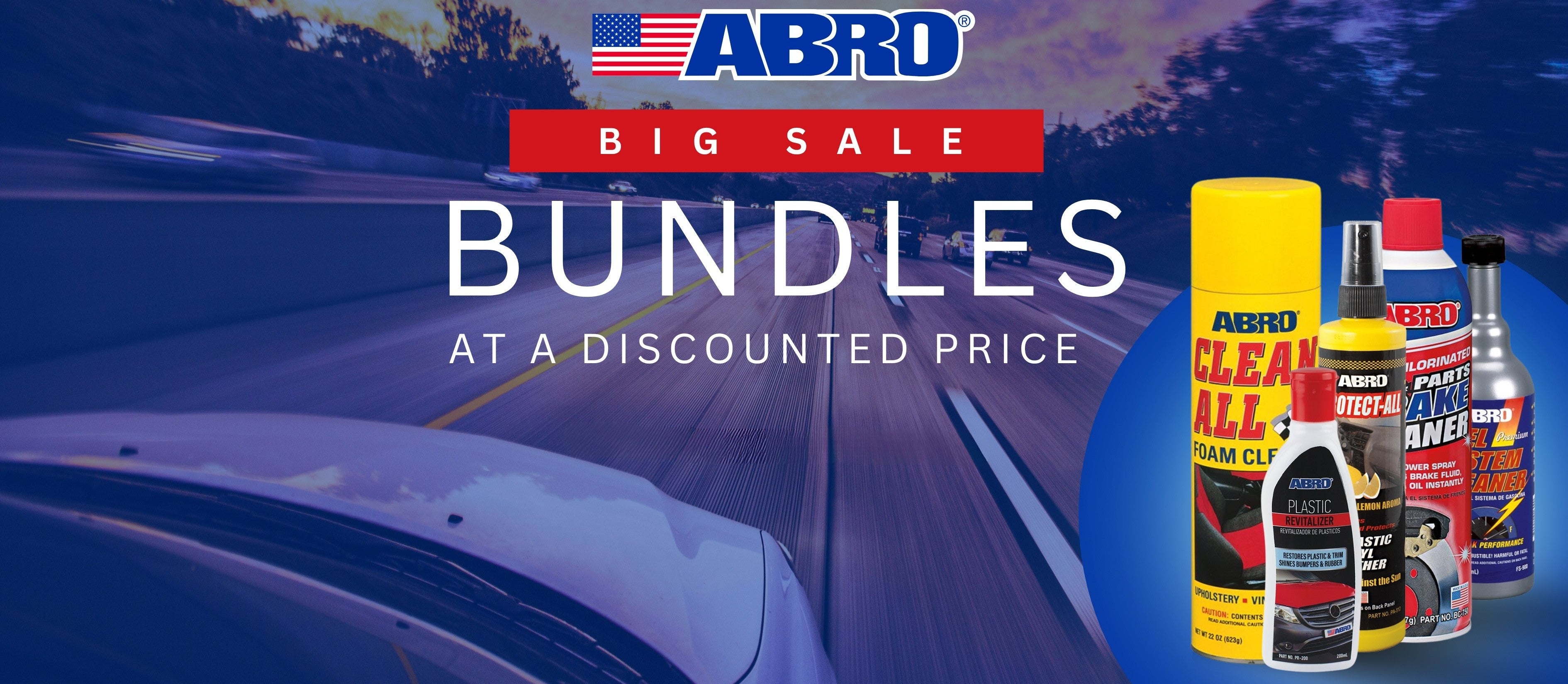 ABRO automotive products with a car on a road in the background